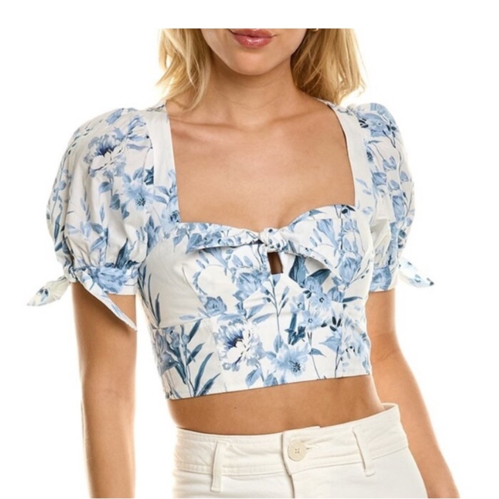 Yumi Kim Blue Floral Tie-Front Puff Sleeve Crop Top
